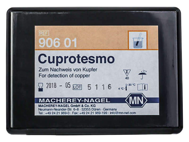 Qualitative test paper Cuprotesmo for Copper: 0.05 μg Cu on surfaces